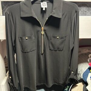 Anne Klein Black Long-Sleeve Zip Polo with Gold Accents